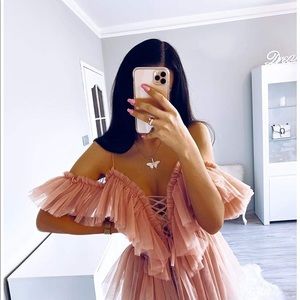 Off shoulder tulle top